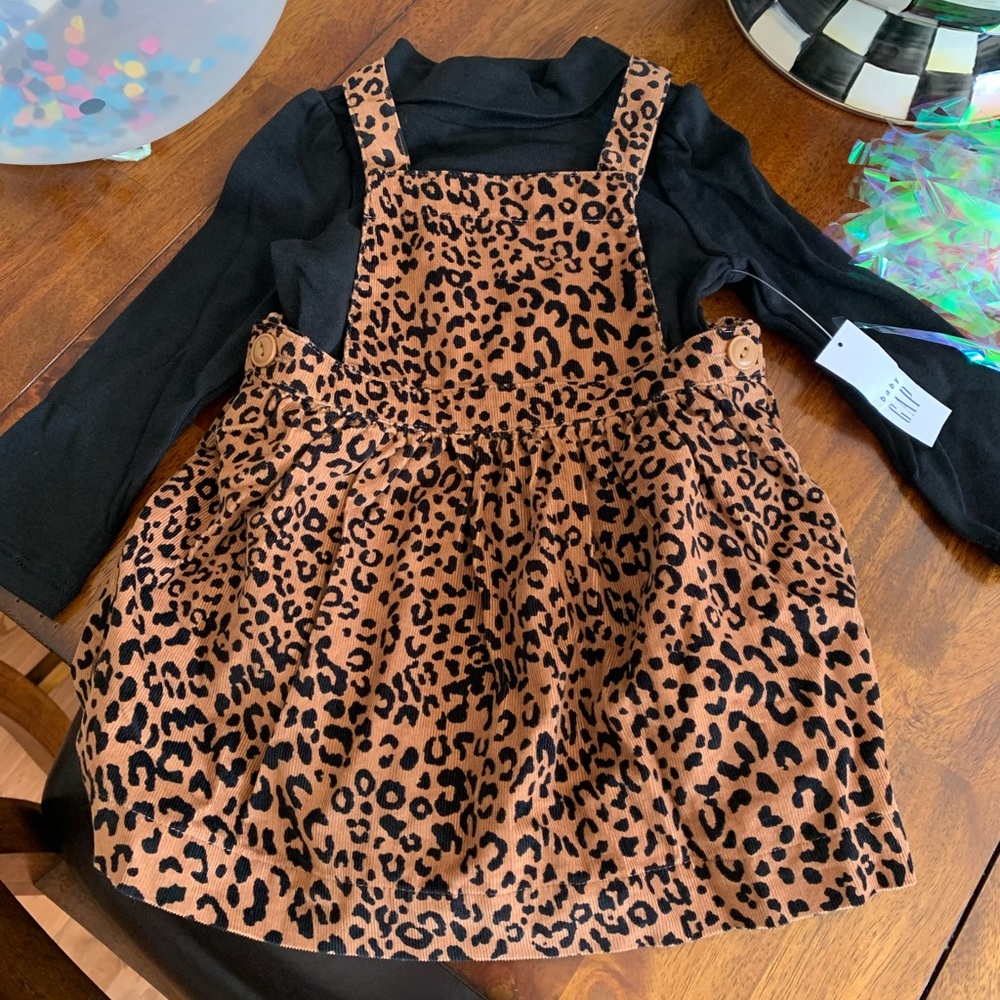 Leopard overall dress with black mock neck top